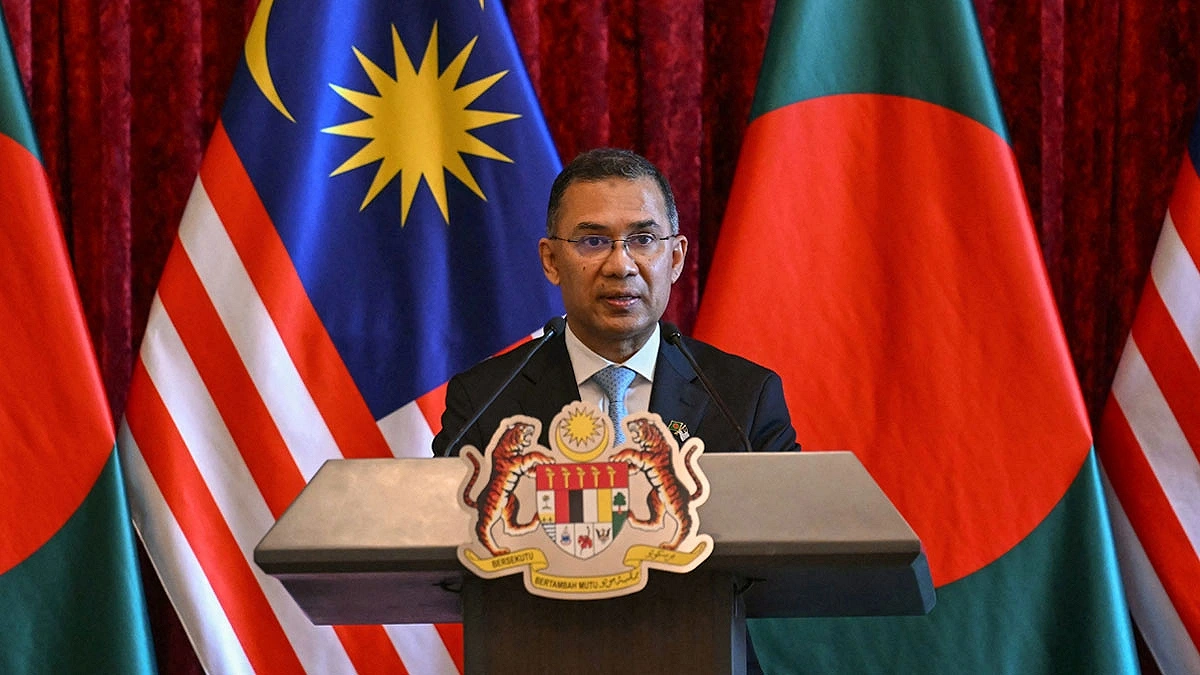 Tarique Rahman speaking at a news conference. Photo: Reuters