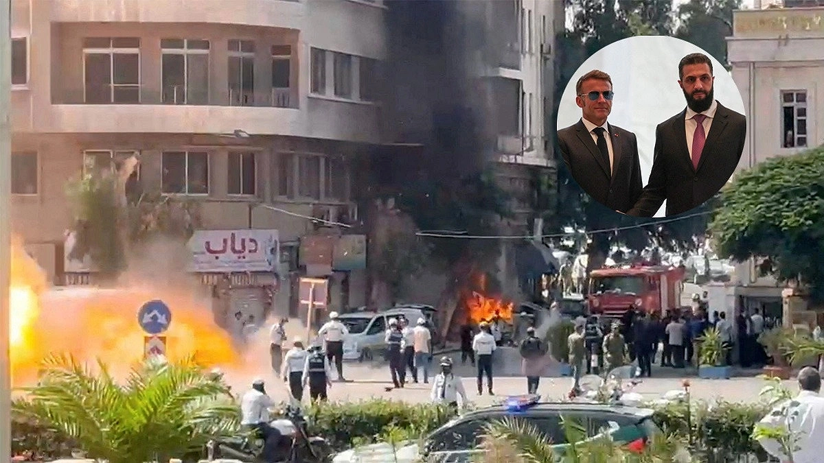 Twin explosions in front of Macron's hotel shake Damascus